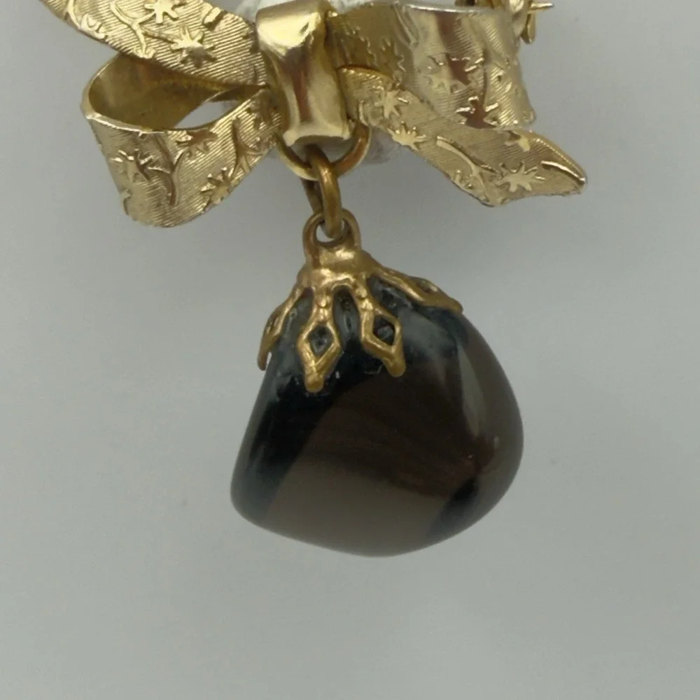 Vintage Gold Tone Bow Brooch Dangle Banded Agate Glass Drop Pin Celestial